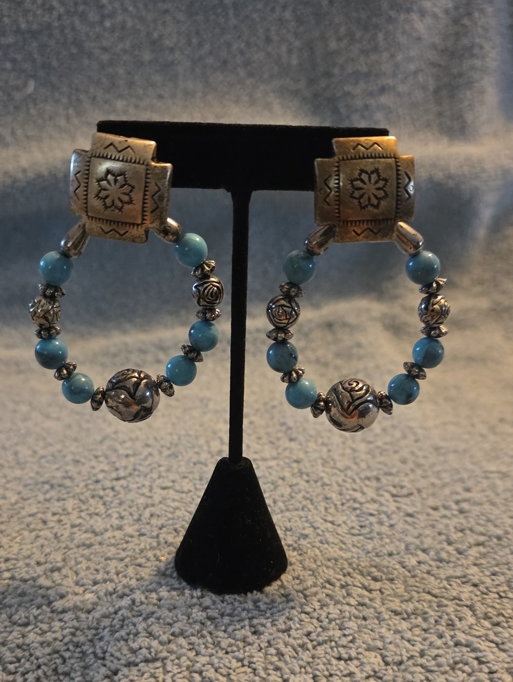 Turquoise Beaded Hoop Earrings with Silver Tone Accents